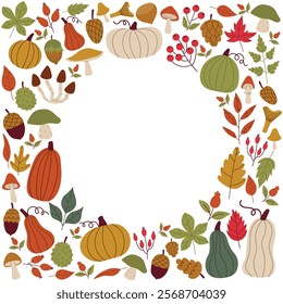 Cute autumn empty square frame with fall design elements in flat style.  
Cozy fall border with pumpkins and leaves, berries and mushrooms isolated on white background. 
