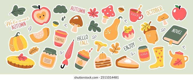 Niedliche Herbst-Tagesplaner Aufkleber. Saison Tagebuchbeschriftungen, gemütliches Scrapbook Icon Set für Bullet Journals, Notizbuch, Tagebücher oder Kalender. Notebook-Deko-Print-Pack mit Kürbis, Blättern, Eicheln