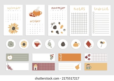 Cute Herbst und Herbst Notebook Design. Tägliche Planer Vorlage. Organizer und Zeitplan mit Notizen und zu tun Liste. Einzeln. Trendy Concept Aufkleber. Moderner Terminplaner oder Organisator. Vektorgrafik