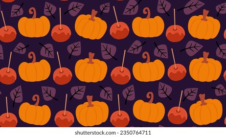 cute autumn fall seamless vector pattern illustration with orange pumpkins, candy apples and leaves on purple background for season holidays card and invitation
