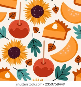 cute autumn fall season seamless vector pattern illustration with pumpkin slices, candy apples, leaves, sunflowers and pumpkin pie