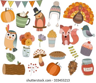 Cute Autumn, Fall, Thanksgiving Doodles Vector Set