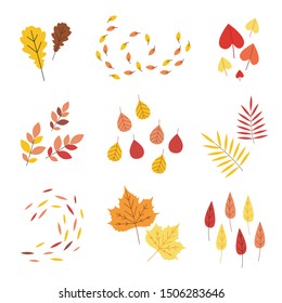 Cute autumn flat leaves. Fall elements set