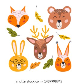 Cute autumn forest animals faces. Vector illustration