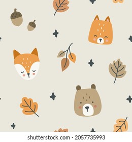 Cute autumn forest animals head scandinavian pattern. Seamless texture for textile, fabric, apparel, wrapping, paper, stationery, nursery.