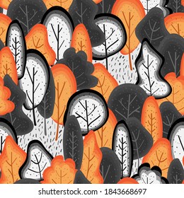 Cute autumn forest in black white and orange pattern. Vector seamless pattern design for textile, fashion, paper, packaging and branding. 