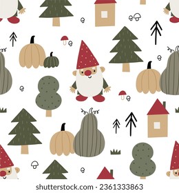 Cute Autumn Forest and Gnome - vector seamless pattern in flat style. Cute cartoon gnome, tree, pumpkin, leaves, mushrooms.