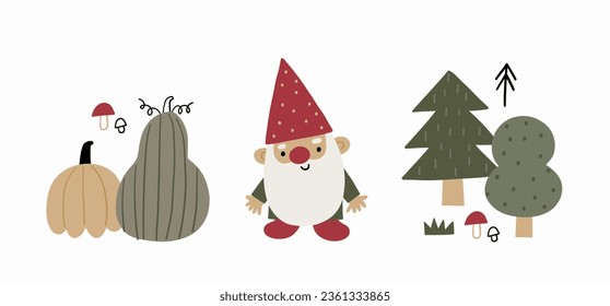 Cute Autumn Forest and Gnome - vector illustration in flat style. Cute cartoon gnome, tree, pumpkin, leaves, mushrooms.