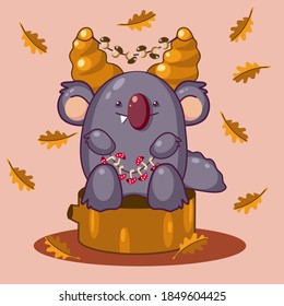 Cute autumn forest monster with mushrooms on a stump. Vector illustration.