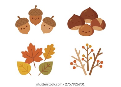 Cute autumn forest set with acorn chestnut character and fall leaves flat vector illustration