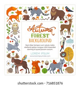 Cute autumn forest square frame. Vector set of wild animals and woodland elements. Adorable moose, raccoon, hare, fox, deer, owl, squirrel, wolf. Autumn leaves, birch, acorn, ladybug, mushrooms, rain.