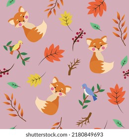 Cute autumn fox leaves and bird seamless pattern vector graphic 
for kids clothes, blnket, wallpaper, wrapping paper and book
