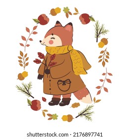 Cute autumn fox in raincoat and boots isolated on white background. Vector graphics.