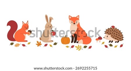 Cute autumn fox, squirrel, hedgehog and hare sitting with fallen leaves. Cute cartoon vector characters set illustration