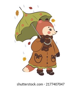 Cute autumn fox with umbrella isolated on white background. Vector graphics.