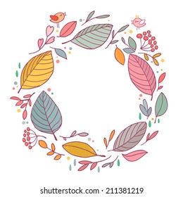 Cute autumn frame with space for your text. Vector illustration with leaves, flowers and birds