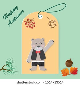 Cute autumn gift tag with a bear and happy autumn text,vector illustration paper art style.