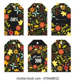Cute autumn gift tags bundle with hand drawn rustic flowers and leaves ornament