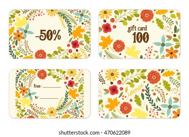 Cute autumn gift tags bundle with hand drawn rustic flowers and leaves ornament