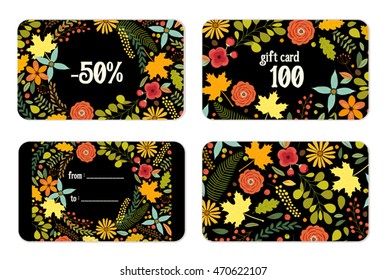 Cute autumn gift tags bundle with hand drawn rustic flowers and leaves ornament