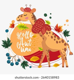 Cute autumn giraffe wearing a hat and scarf, surrounded by leaves and berries. Great for children's illustrations, seasonal cards, and fun design projects conveying the warmth and coziness of autumn.