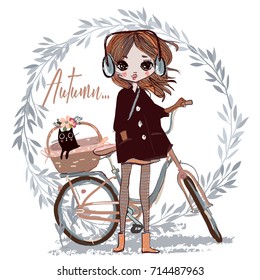 cute autumn girl with cat