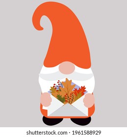 Cute autumn gnome with envelope, vector illustration art.