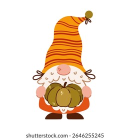 Cute autumn gnome. Funny bearded elf holds pumpkin, seasonal harvest. Magic character of Scandinavian folklore. Dwarf in colorful striped hat. Cartoon fall vector clipart for Thanksgiving, Halloween