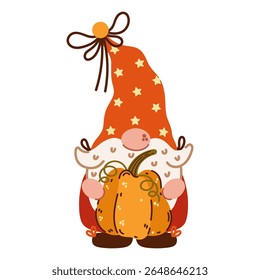 Cute autumn gnome. Funny bearded elf holds ripe orange pumpkin, seasonal crop. Magic character of Scandinavian folklore. Dwarf in a hat with stars. Cartoon fall vector illustration for Thanksgiving