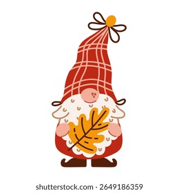 Cute autumn gnome. A funny elf with a beard holds a yellow oak leaf. Magic character of Scandinavian folklore. A dwarf in a checkered hat with a bow. Vector illustration for Thanksgiving, fall party