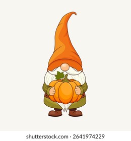Cute autumn gnome in a large hat holding a orange pumpkin. Vector illustration