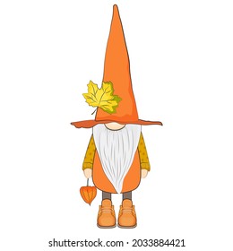 Cute autumn gnome with physalis. Vector illustration.