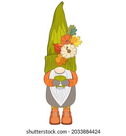 Cute autumn gnome with pumpkin. Vector illustration.
