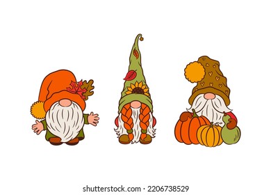 Cute autumn gnomes cartoon fun illustration. Fall scandinavian gnomes adorable nordic characters vector. Fall theme objects like cute pumpkins, dry leaves, sunflower.