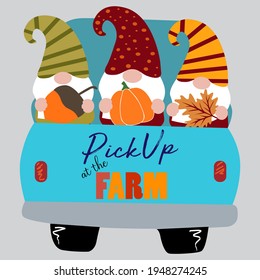 Cute autumn gnomes, old truck, vector illustration art.