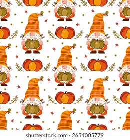 Genomas lindos de outono, padrão vetorial sem costura. Elfos engraçados com barbas seguram abóboras maduras, a colheita sazonal. Caracteres escandinavos. Anões em chapéus laranja. Fundo para o Dia de Ação de Graças, festa de outono