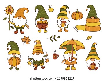 Cute autumn gnomes set. Perfect for cards, invitations and seasonal decorations. Fall clipart. Cartoon style. Vector illustration.