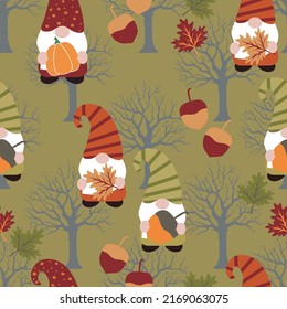 Cute autumn gnomes, vector seamless pattern