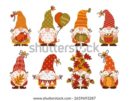 Cute autumn gnomes, vector set. Elves with beards hold pumpkin, festive garland, roast turkey, mug of cocoa, oak leaf and balloons. Funny cartoon dwarves in hats, celebrating Thanksgiving, fall party