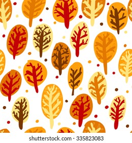 Cute autumn hand drawn trees in five colors. Forest of magic. Fabulous trees. Seamless pattern.