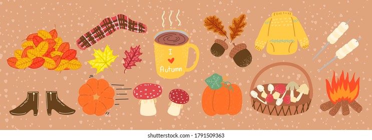 cute autumn harvest season, fashion and lifestyle flat design cartoon set icon with vintage tone color