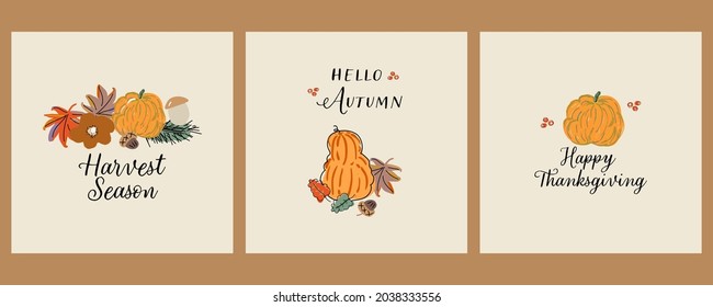 cute Autumn harvest seasonal greeting cards or postcards set with hand drawn fall pumpkin illustrations. Happy Thanksgiving 