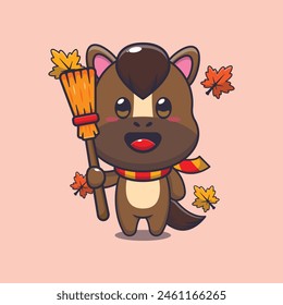 Cute autumn horse holding broom. Mascot cartoon vector illustration suitable for poster, brochure, web, mascot, sticker, logo and icon.