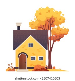 Cute autumn house. Building with autumn trees and bushes. Vector illustration on white background