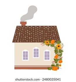 Cute autumn house vector illustration. Cozy country cottage with chimney smoke decorated with pumpkins and sunflowers in hand-drawn flat style isolated on white background. Fall cottagecore drawing