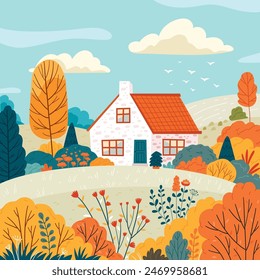 Nettes Herbsthaus. Herbstsaisonlandschaft, Landschaft, Herbst-Stimmung. Rustikale Häuser, gemütliche Cottages Illustration.Flat Vektorgrafik Handzeichnung