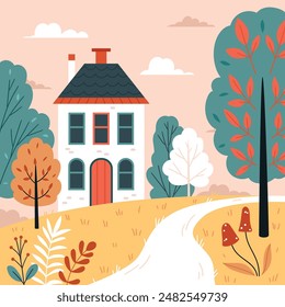 Cute autumn house.Fall season landscape, countryside scenery, autumn mood. Rustic houses, cozy cottages illustration.Flat vector hand draw