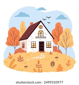 Casa linda del otoño. Paisaje de la estación de otoño, paisaje del campo, sentimiento del otoño. Casas rústicas, ilustración de cabañas acogedoras. Dibujo de mano de Vector plano