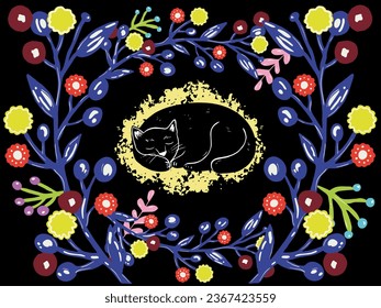 Cute autumn illustration of a black cat on a background of coloured flowers, illustration for a children's book