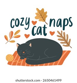 Cute autumn illustration with a black cat sleeping on a striped rug, surrounded by fall leaves and hearts. Includes the phrase Cozy cat naps. Great for greeting cards and fall decor
